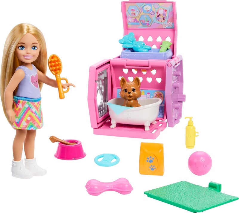 Barbie ​Barbie Chelsea® Puppy Carrier Playset, Blonde Small Doll and Accessories, Dog Carrier with Puppy Themed Play Pieces - Image 1